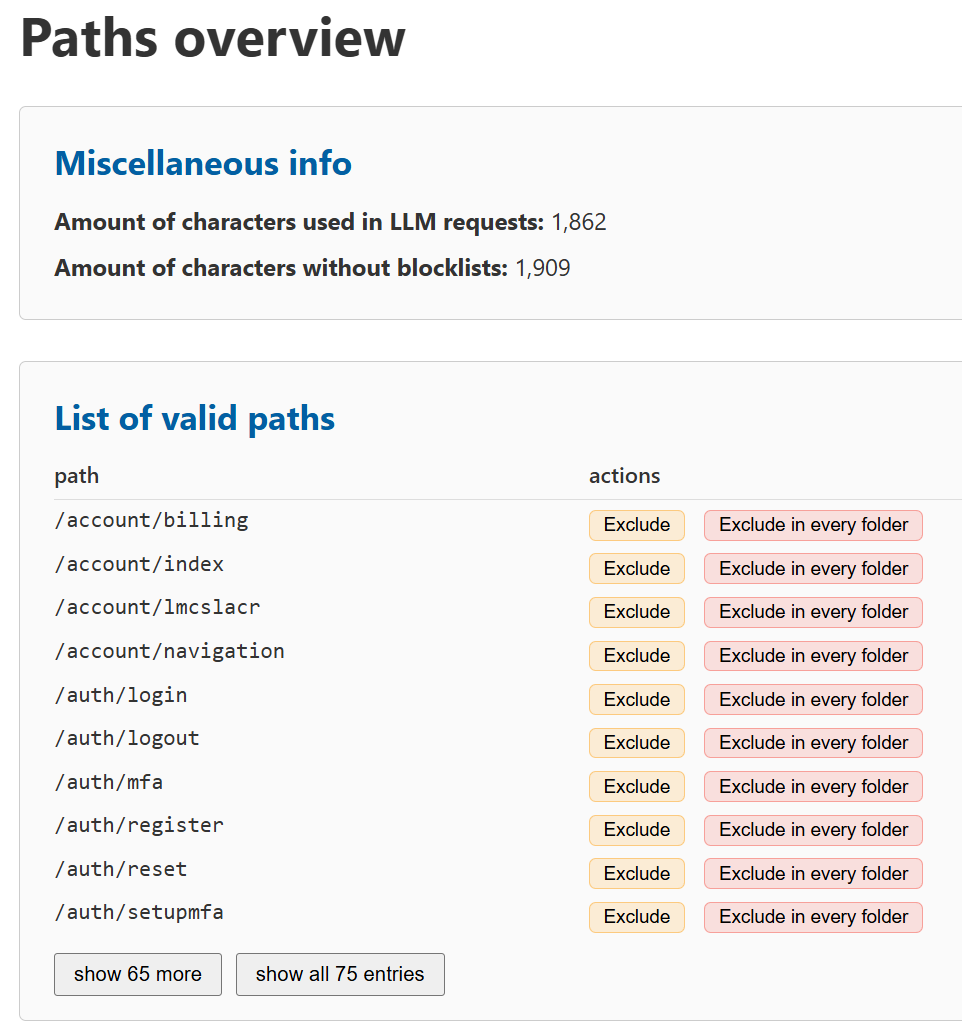 Screenshot from a PC displaying parts of the Paths Overview from the LinkAutocorrect administration panel. The amount of characters used in LLM requests is 1862 with the website having 75 pages in total.